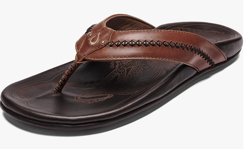 OLUKAI Mea Ola Men’s Beach Sandals Tan Dark/Java Premium Leather Flip-Flop