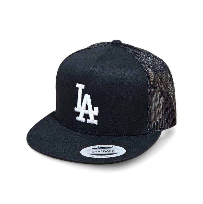3D LA WHITE Embroidered BLACK & BLACK Flat Bill Snapback Yupoong Trucker Hat NEW gallery