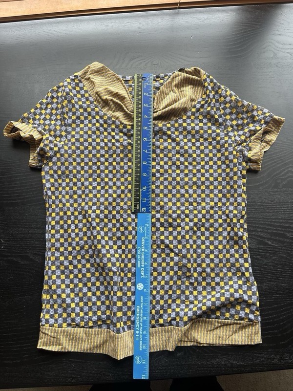 Quirky Vintage Size L Yellow & Black Mixed Pattern Cowl Neck Button Textured Top gallery