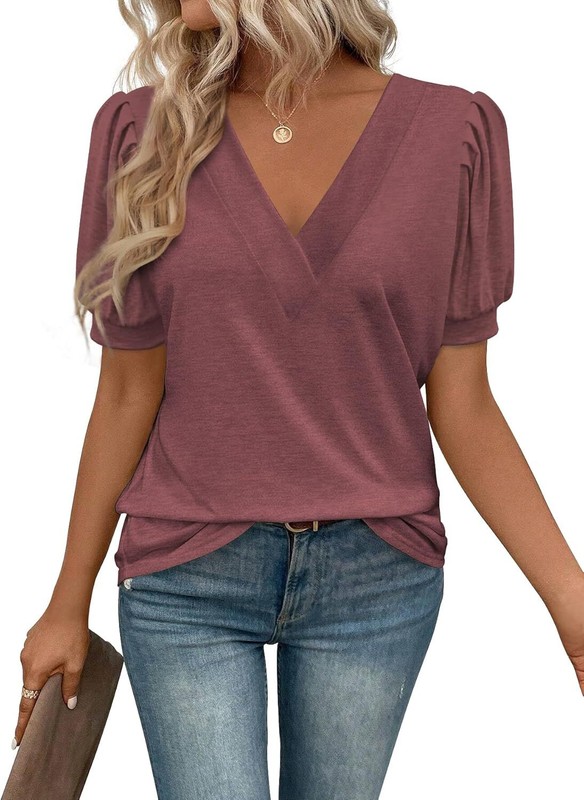 Womens V Neck Puff Sleeve Summer Top Casual Beach Vacation Blouse 2026 Fashion gallery
