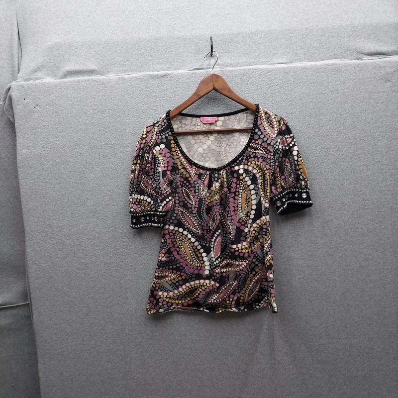 Joyous & Free Womens Printed Top With Beaded Cuffs Size M 90% Cotton 10% Spandex