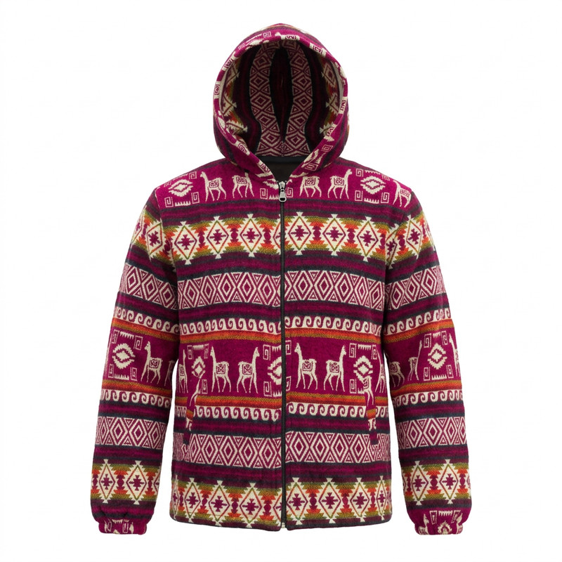 ALPACA WOOL HOODED JACKET XL UNISEX WINTER COAT LLAMA PATTERN ANDES KNIT ECUADOR