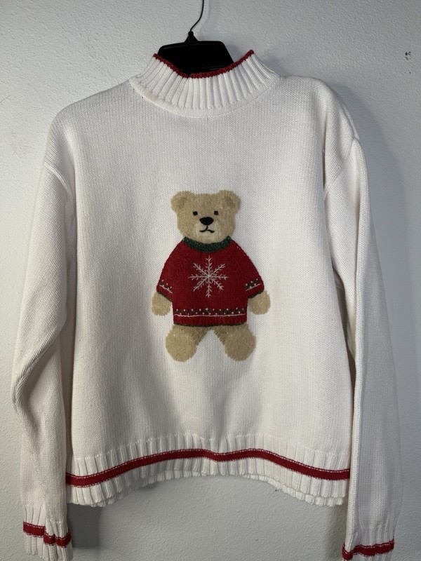 Vtg Liz Sport Claiborne Sz XL Teddy Bear White Sweater Mock Neck Classic Holiday gallery