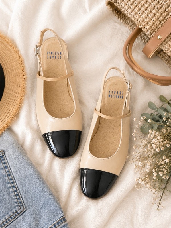 Stuart Weitzman A408323 Vintage Cap Toe Slingback Kitten Heel Nude Black Size 8