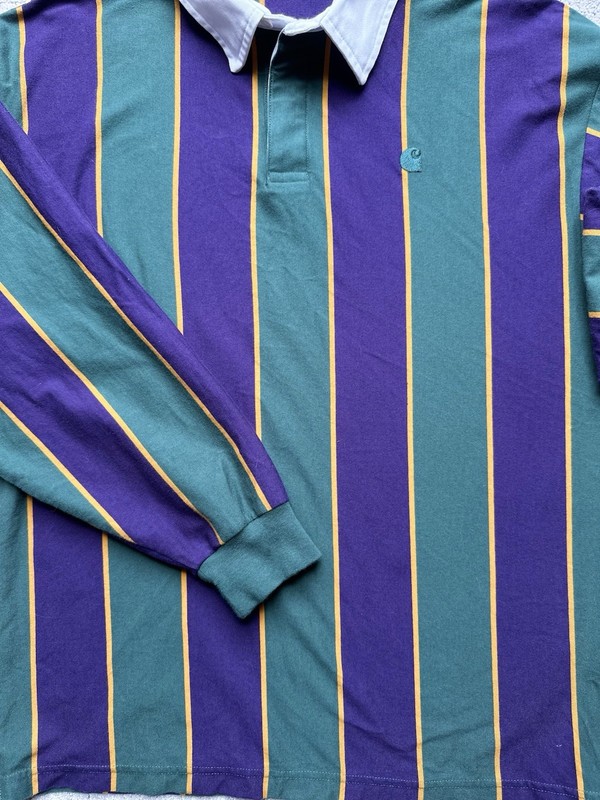 Carhartt WIP Men’s L/S Ruben Rugby Polo Shirt Purple Green Vertical Stripe Small