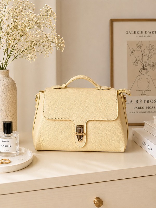 Butter Yellow Italian Leather Crossbody Bag, Structured Top Handle Purse