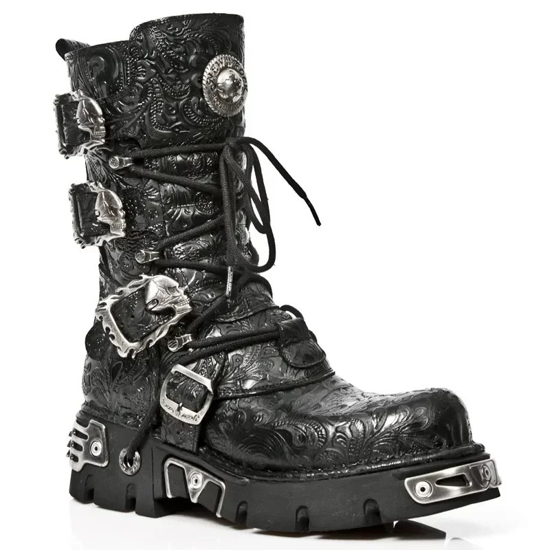 Men’s Fashion Leather Motorcycle Boots Round Toe Zip Thick Bottom Riding Shoes