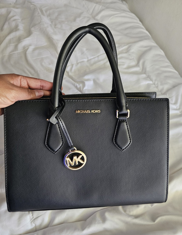 Michael Kors Black Satchel Top Handle Zip Purse MK Charm Gold Hardware