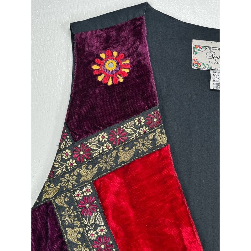 Vintage 1990s Velvet Patchwork Vest Embroidered Button-Up Medium Jewel Tones gallery
