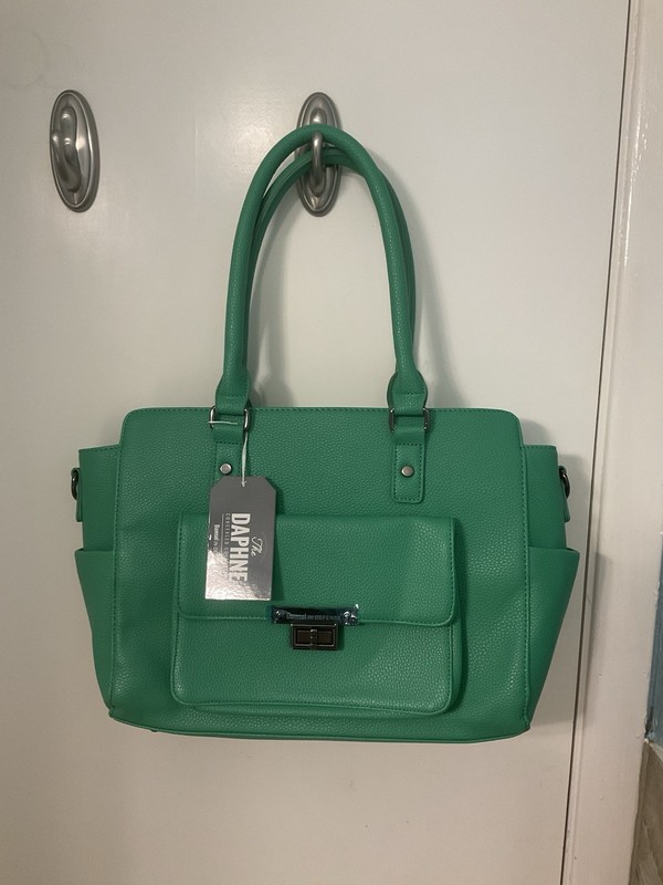 DAPHNE Green Medium Satchel Top Handle Zip Turn Lock Pockets Lined Silver