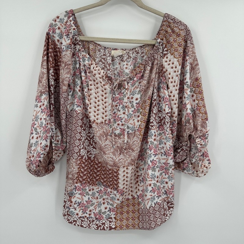 BiBi Floral Patchwork Blouse Peasant Boho Cottagecore Top Square Neck 3/4 Sleeve
