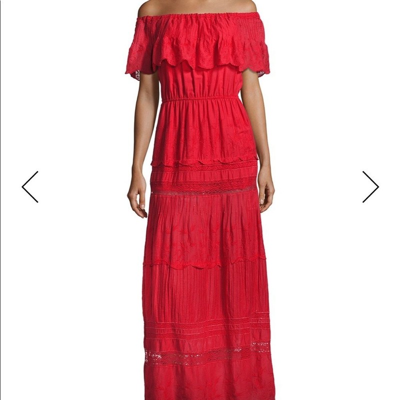 Alice + Olivia Pansy Red Size 4 Embroidered Off-the-Shoulder Maxi Dress