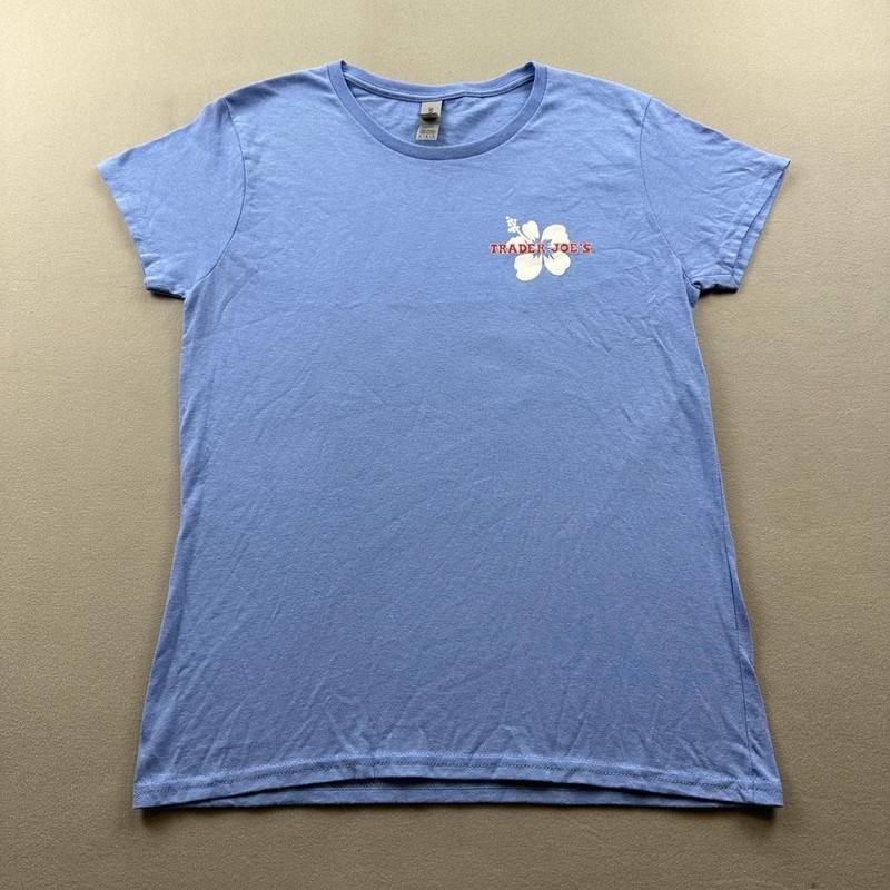 Trader Joes T-Shirt Womens Medium Blue Floral Employee Grocery Logo Short Sleeve gallery