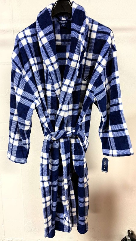 Nautica Fleece Plaid Bathrobe Shawl Collar Robe Blue White OSZ New