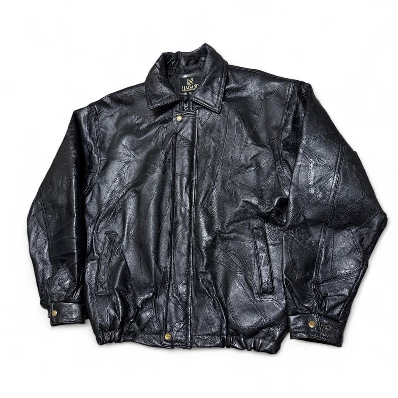 1990s Haband Men’s Patchwork Black Leather Bomber Jacket Spread Collar/ Size L gallery