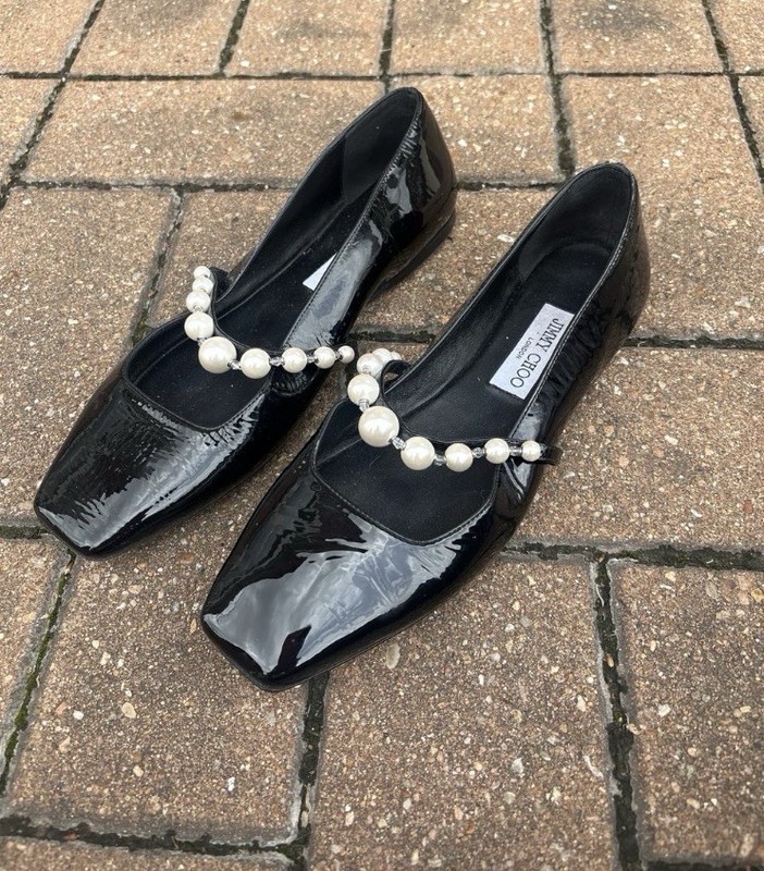 Jimmy Choo Black Patent Leather Pearl Strap Flats Mary Jane Shoes Women’s