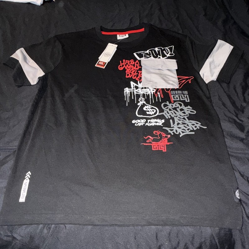 GLY Men’s Black/Gray Graffiti Graphic Print Crew Neck Pocket T-Shirt Size L