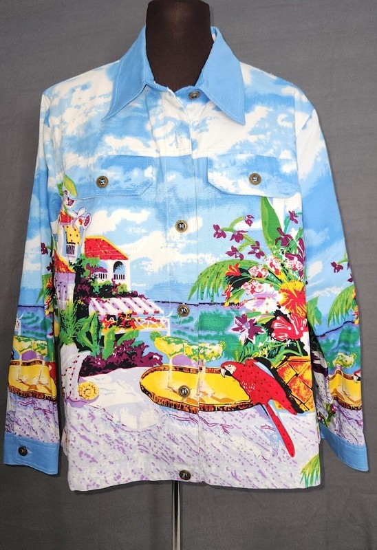 TUDOR COURT DENIM JACKET Tropical Festival Coastal Resort Colorful Sz L NWOT