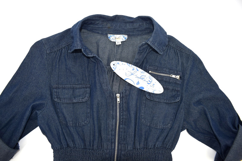 J Gee NWT Petite Small Chambray Shirt Dress Zip Front Smocked Waist Blue gallery