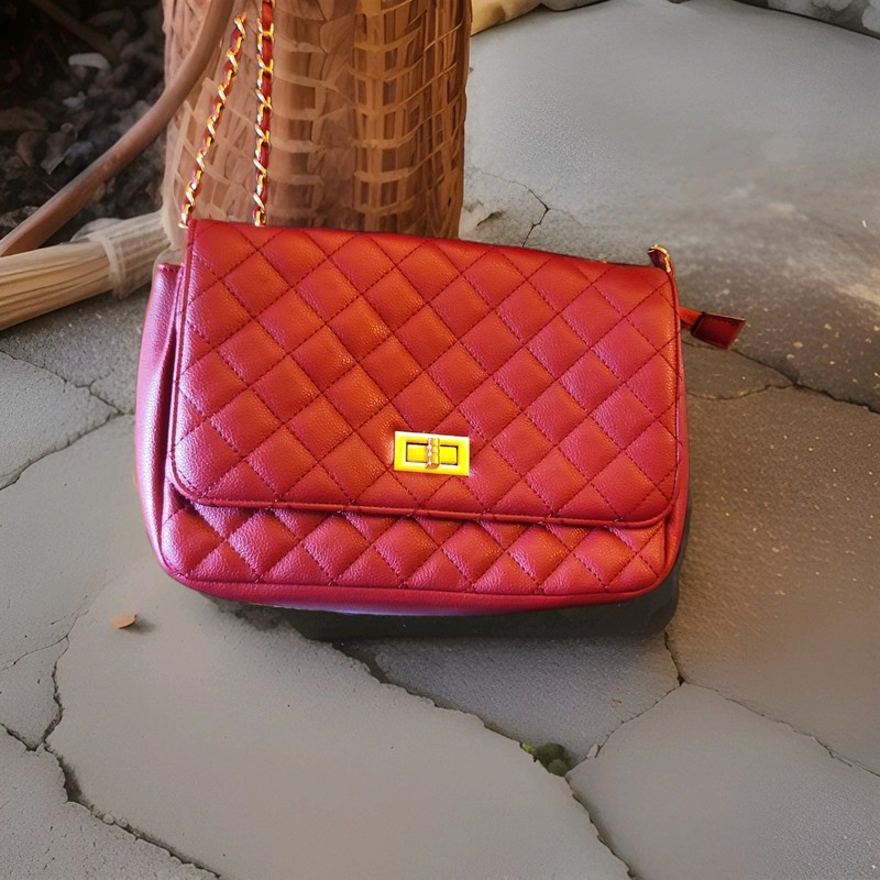 Burgundy Quilted Shoulder Bag Gold Chain Strap Turn Lock Zip Closure Pockets gallery
