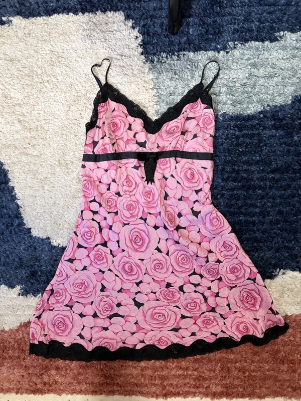 Nick & Nora 100% Silk Slip Dress Nightgown Size M Pink Rose Lace Coquette Y2K