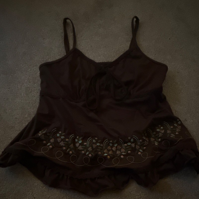 ROMWE Brown Floral Embroidered Bow Camisole Top L Adjustable Strap Women