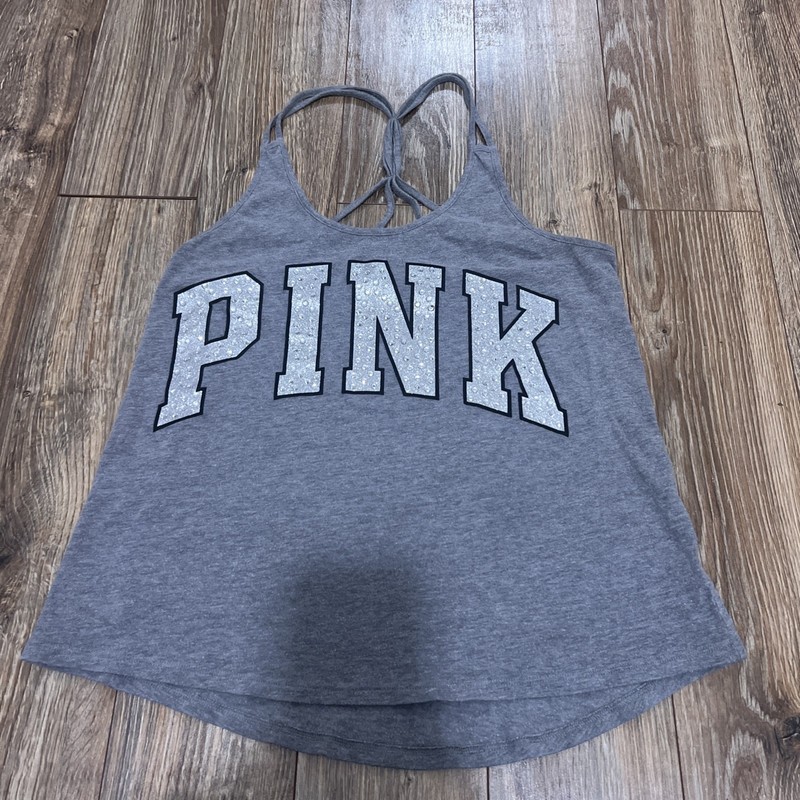 Victoria’s Secret PINK Logo Tank Top Gray Silver Sequins Spellout Bling Size XS
