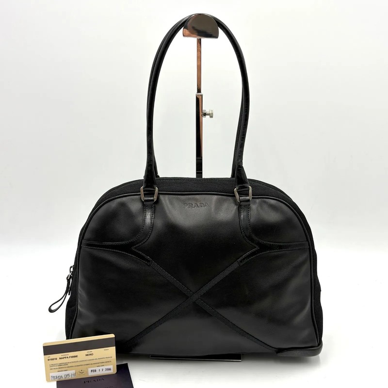 Auth Prada Y2K NAPPA FIBBIE Bowling Tote Bag Leather B10510 Black 2Y8484
