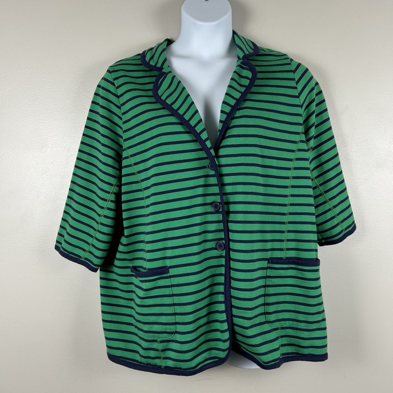 Woman Within Jersey Knit Blazer Womens 18/20 Large Green &Navy Stripe Preppy