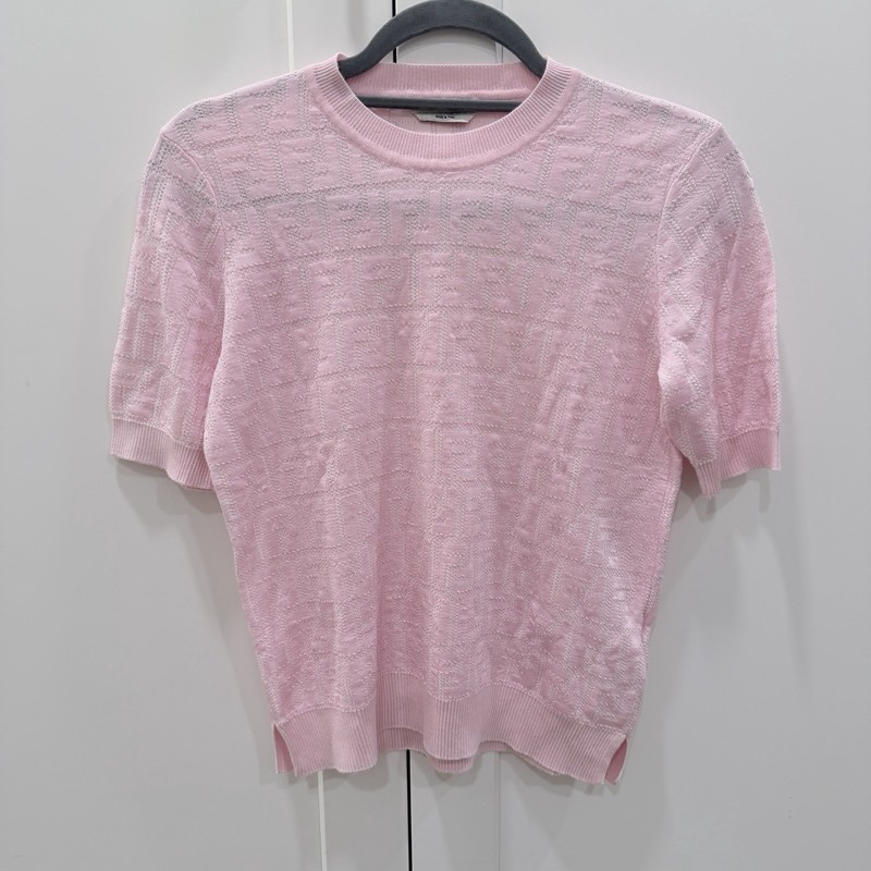 Fendi FF Logo Knit Short Sleeve Sweater Top Pink IT 40 US S Made In Italy