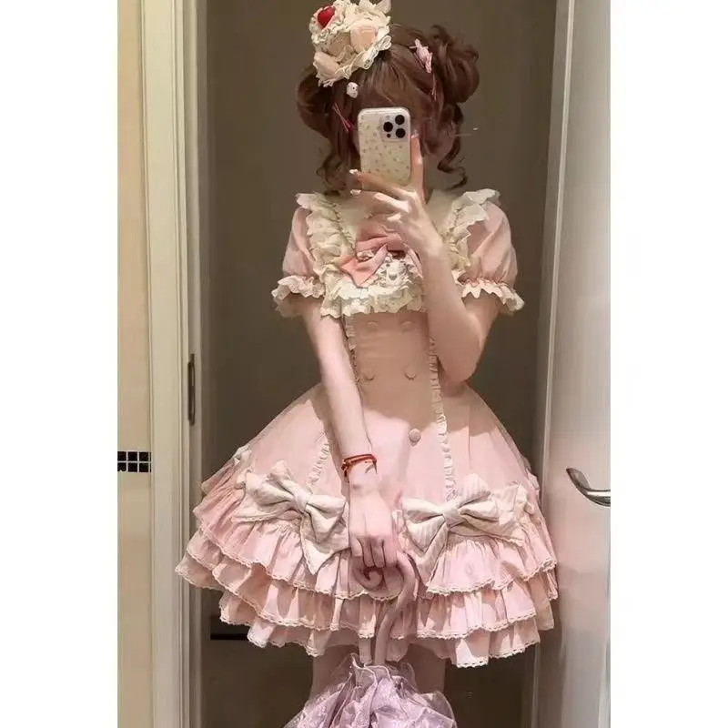 Japanese Idol Sweet Lolita Kawaii Short Dress Women Pink Princess Bow Slim Fit