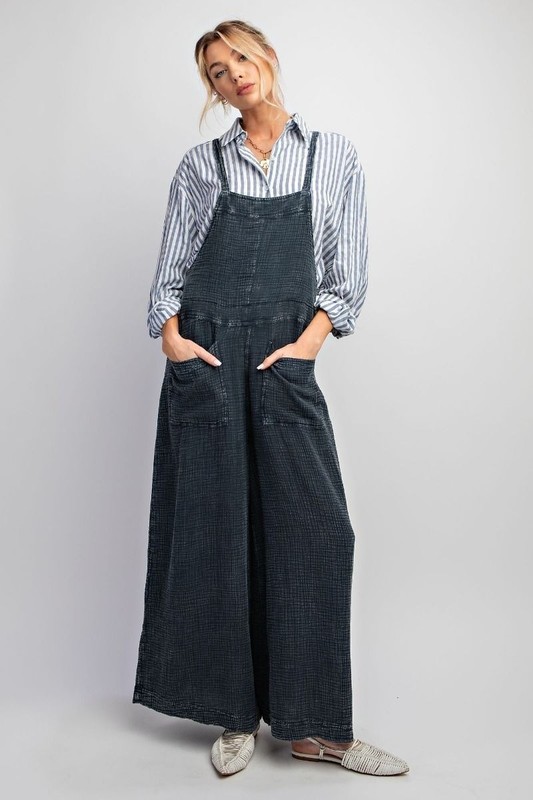 Easel Here I Am Mineral Wash Cotton Overalls in Faded Denim Medium gallery