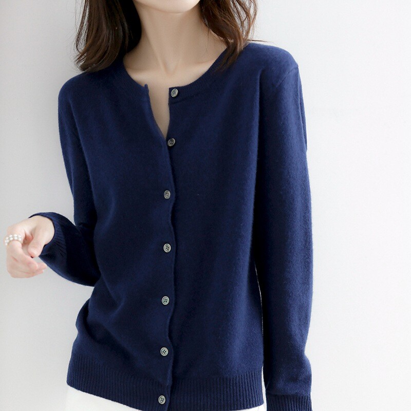 Women's Cashmere Blend Cardigan Solid Color Sweater Simple Crew Neck Jacket Coat gallery