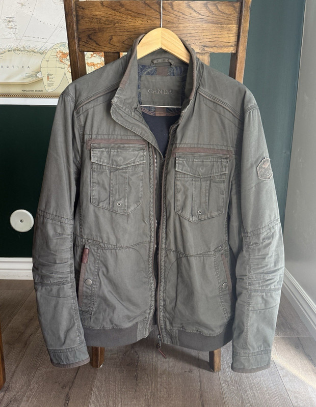 Canda Men’s Green Military Jacket L Regular Zip Lined Stand-Up Collar Logo