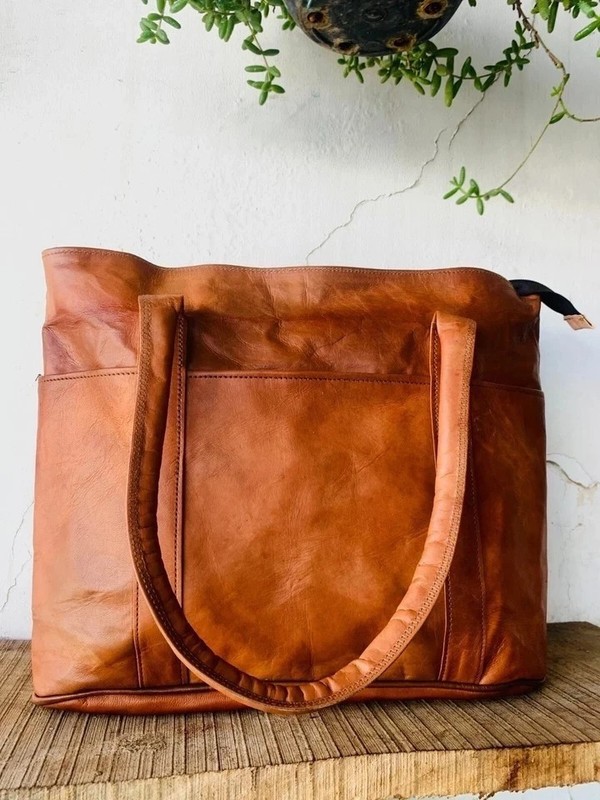 14" Women's Genuine Reliable Goat Leather Tote Shopping Handmade Bag gallery