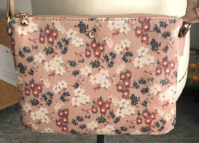 LAUREN CONRAD DESIGNER FLORAL "DITZY PRINT" TAN/BLUSH CROSSBODY HANDBAG- NWT