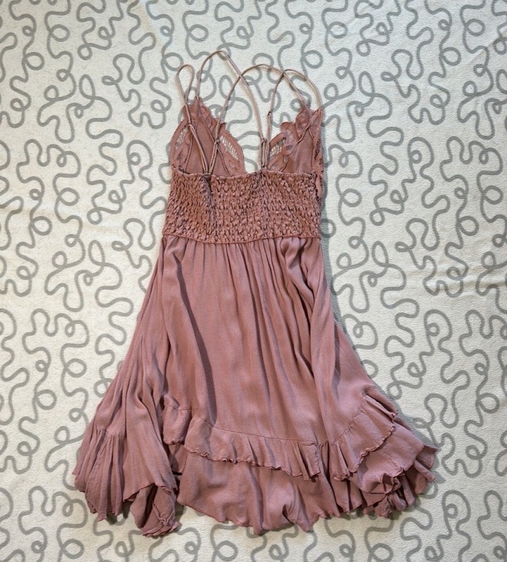 Free People FP One Adella Mini Dress Rose Pink Lace Boho Ruffle Smocked Medium gallery