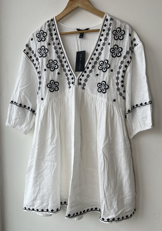 NEW LOOK – EMBROIDERED BOHO DRESS – SIZE 12 – WHITE / BLACK