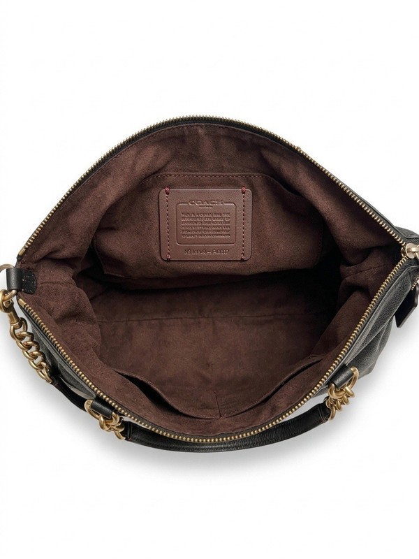 COACH Embossed Signature Black Leather Medium Satchel Bag Gold Chain Crossbody gallery