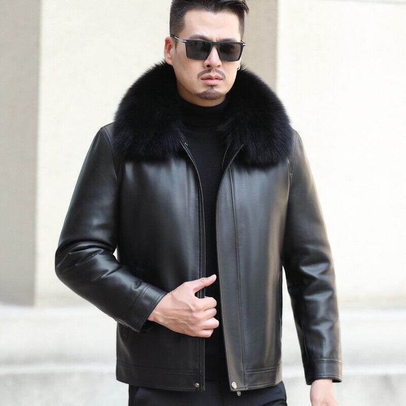 Mens Formal Elegant Faux Fur Collar Leather Loose Zipper Jacket Winter Down Coat gallery