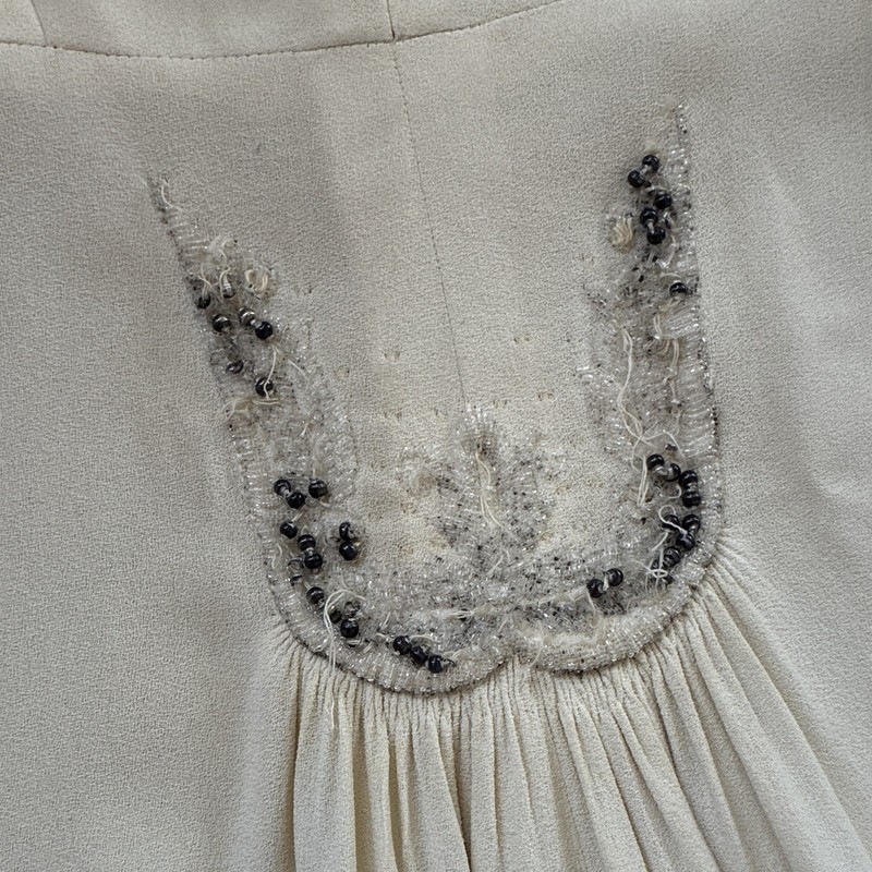 1940's Women's White Crepe A-Line Dress sz S V-Neck Short Sleeve Beaded AS IS gallery