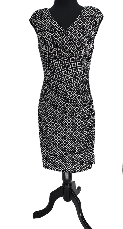 Lauren Ralph Lauren Woman Petite Size 10P Black Diamond Faux Wrap Dress Ruched
