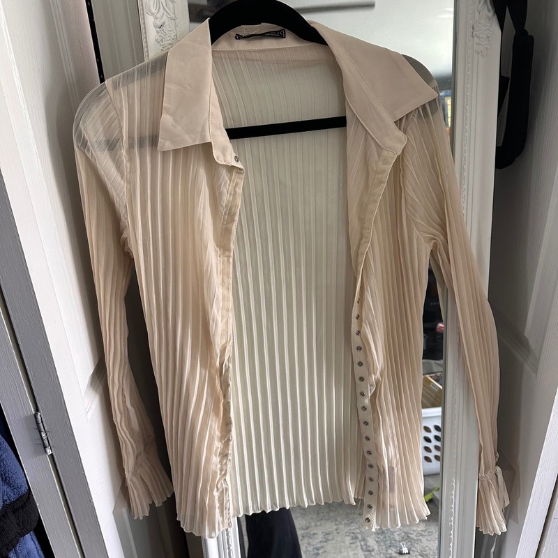 Shein Pleated Blouse Womens Medium Cream Sheer Ribbon Flared Cuff Snap Top
