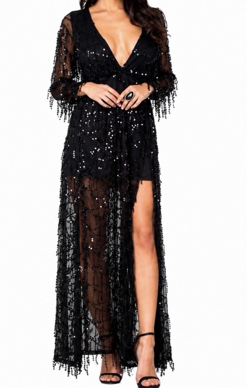 Evening Black Sequin Long Sleeve Split Front Prom Cocktail Formal Maxi Dress