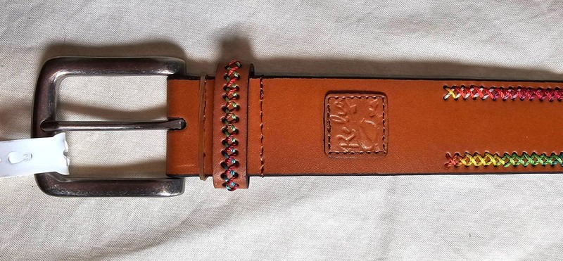 NWT Women's RELIC Bonded Leather Belt XL Rainbow Stitching Accent Brown Tan New gallery