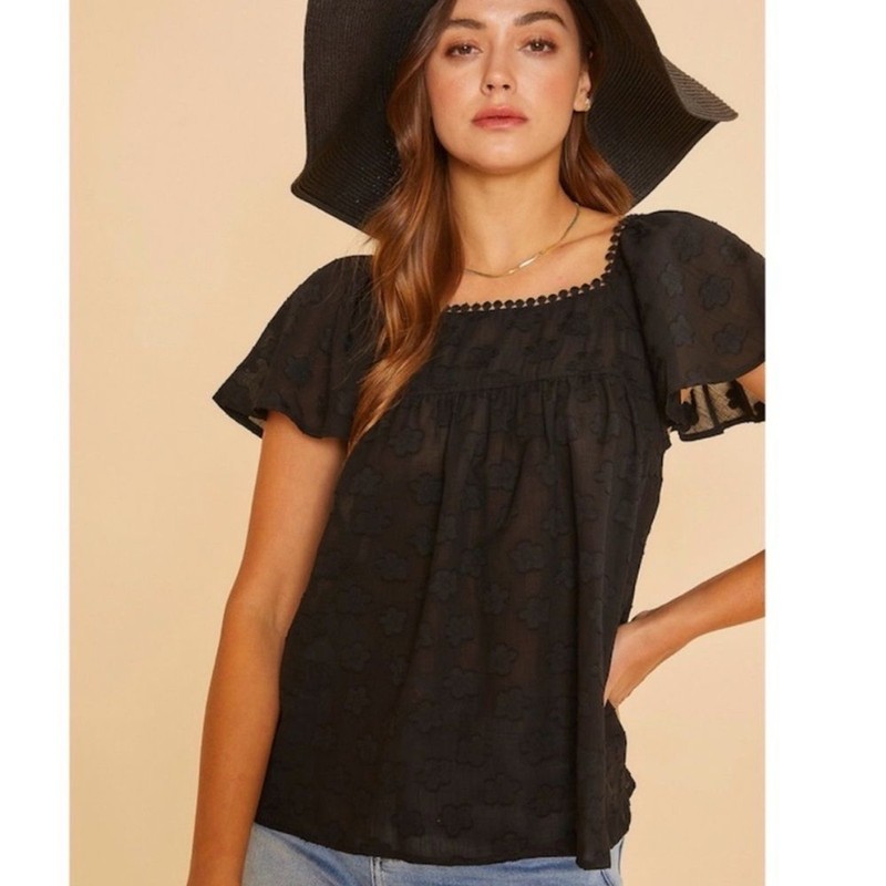 NWT ANNIE WEAR Black Sheer Floral Square Neck Blouse