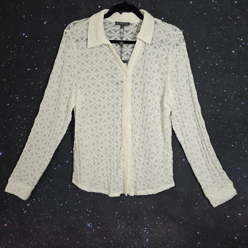 Adrianna Papell XL Ivory Textured Lace Button Front Blouse Sheer MSRP $79 gallery