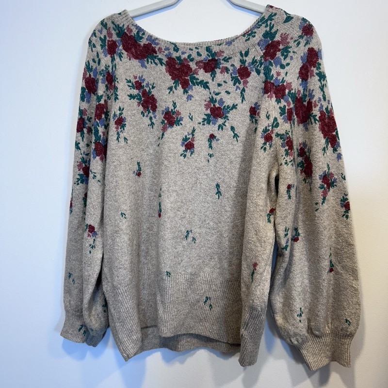 Lauren Conrad Sweater XL Beige Red Blue Green Floral Cottagecore