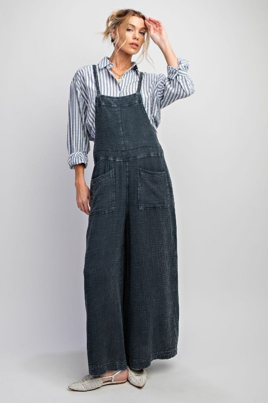 Easel Here I Am Mineral Wash Cotton Overalls in Faded Denim Medium