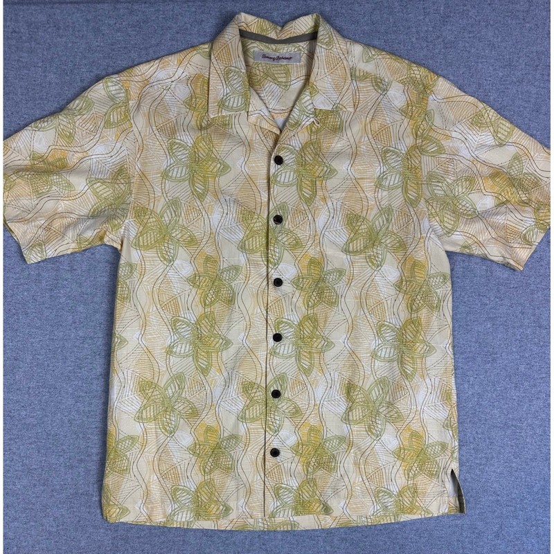 Tommy Bahama Silk Linen Shirt Mens Small Yellow Blend Floral Resortwear Vacation